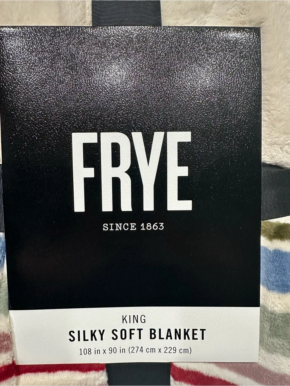 NEW, FRYE King Size Multi-Color Southwestern Stripes/Badge Logo Plush Blanket
